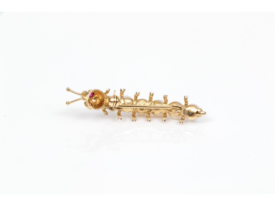 14k Yellow Gold Whimsical Cultured Pearl Caterpillar Brooch, Ruby Eyes