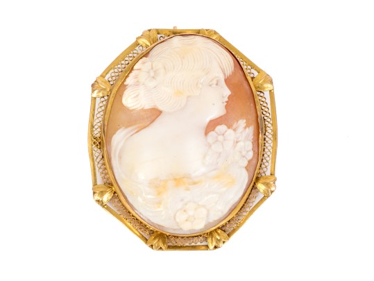 14k Yellow Gold Striking Vintage Filigree Framed Cameo Brooch/pendant