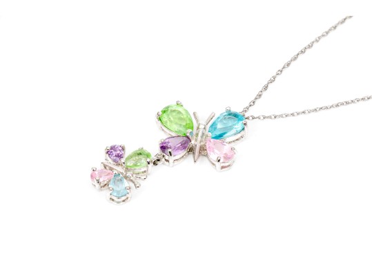 Sterling Silver Fabulous Multi-color Butterfly Motif CZ Pendant, With Chain