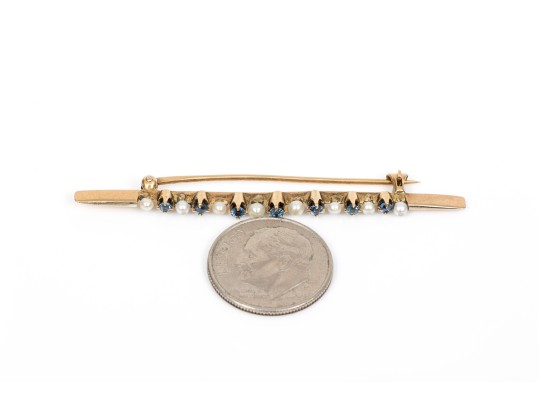 14k Yellow Gold Pretty Vintage Sapphire And Seed Pearl Bar Pin