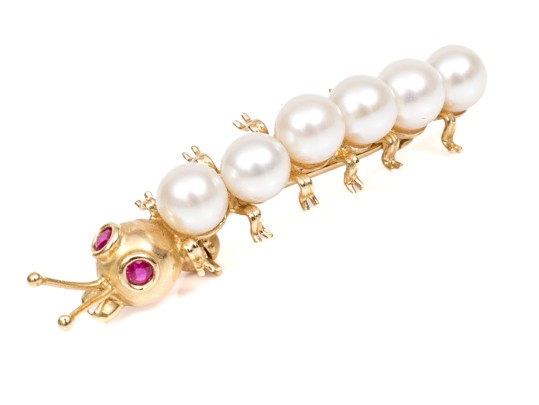 14k Yellow Gold Whimsical Cultured Pearl Caterpillar Brooch, Ruby Eyes