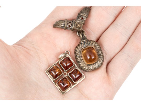 Assorted Lot Of Sterling Silver Amber Jewelry Pieces, Rounded Cushion Motifs