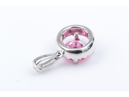 18k White Gold Pretty Pink Cz And Diamond Halo Pendant, App. 0.07 TCW
