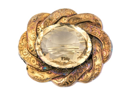 14k Yellow Gold And Silver Antique Pale Citrine Brooch, App. 19.56 CTS, Chased Border