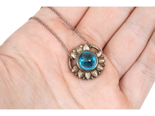 Sterling Silver Pretty Flower Motif Pendant, Blue Topaz Center, With Chain