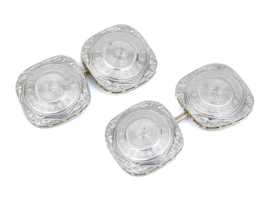14k White Gold Elegant Vintage Patterned Rounded Square Cufflinks, Loose Links Style