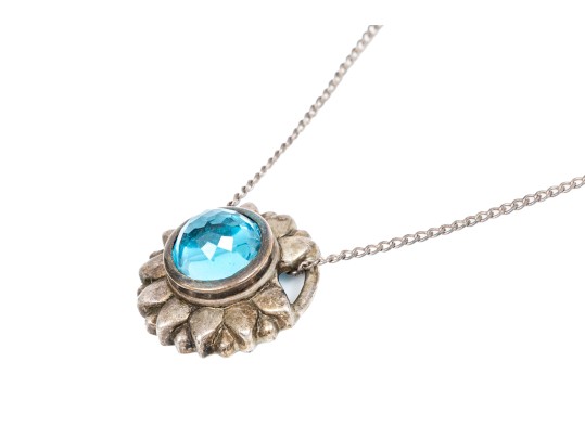 Sterling Silver Pretty Flower Motif Pendant, Blue Topaz Center, With Chain