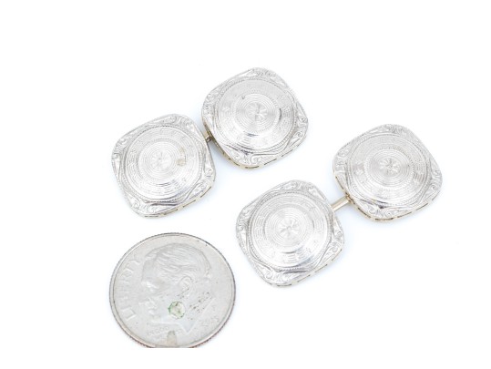 14k White Gold Elegant Vintage Patterned Rounded Square Cufflinks, Loose Links Style