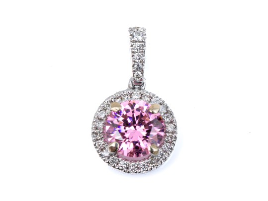 18k White Gold Pretty Pink Cz And Diamond Halo Pendant, App. 0.07 TCW