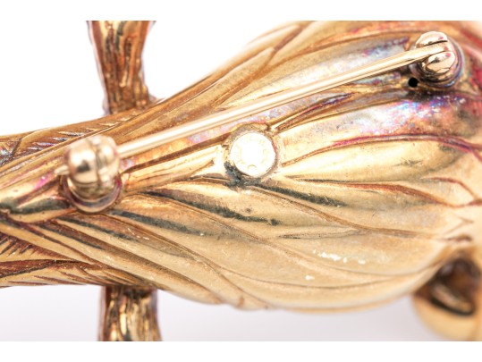 14k Yellow Gold Handsome Textured Figural Electroform Parrot Brooch