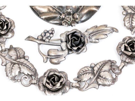 Assorted Sterling Silver Lot Of Pretty Rose Motif Jewelry Pieces