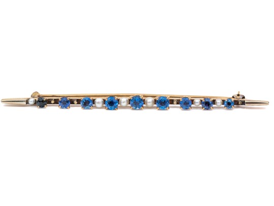 14k Yellow Gold Pretty Vintage Sapphire And Seed Pearl Bar Pin, App. 1.10 TCW
