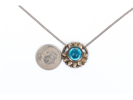 Sterling Silver Pretty Flower Motif Pendant, Blue Topaz Center, With Chain