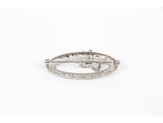 10k White Gold Lovely Vintage Oval Filigree Brooch, With Bow Motif