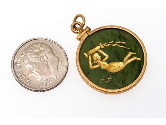 14k Yellow Gold Vintag Green Nephrite Jade Virgo Pendant