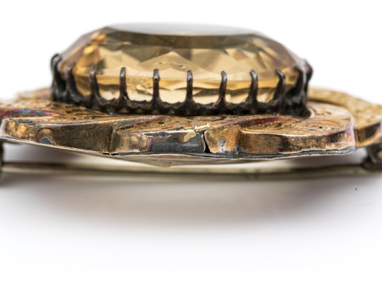 14k Yellow Gold And Silver Antique Pale Citrine Brooch, App. 19.56 CTS, Chased Border