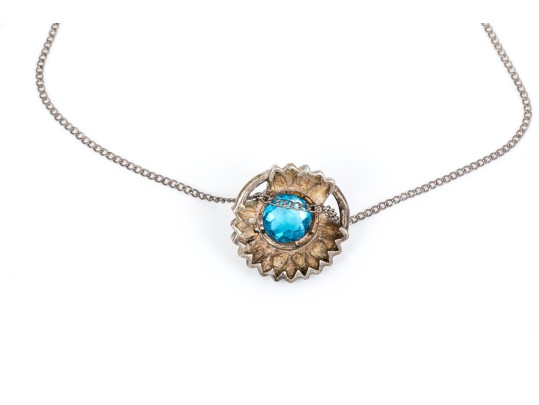Sterling Silver Pretty Flower Motif Pendant, Blue Topaz Center, With Chain