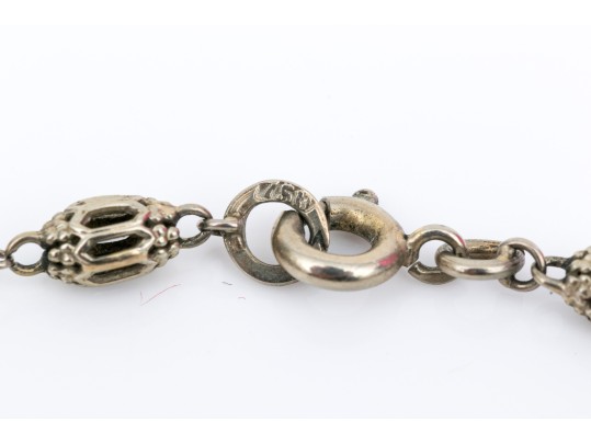 18k White Gold Handsome Alternating Filigree Bead And Seed Pearl Link Bracelet