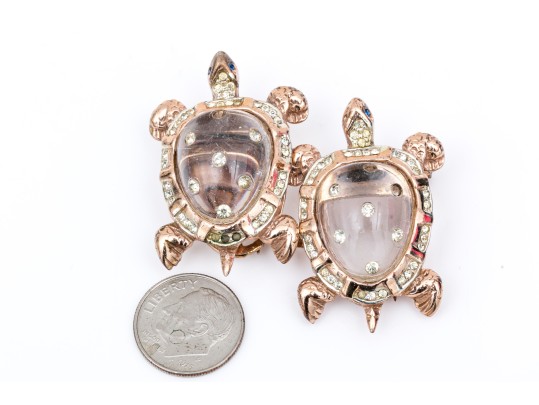 Coro Duette Fabulous Sterling Silver And Rose Vermeil Double Turtle Brooch/dress Clips