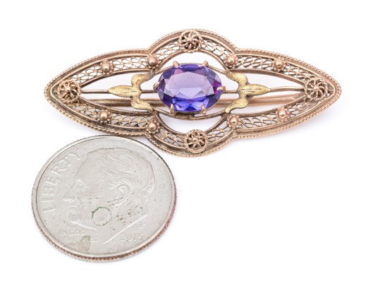 14k Yellow Gold Vintage Synthetic Purple Sapphire Filigree Scatter Pin
