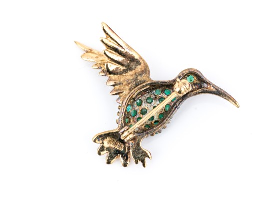Sterling Silver Vermeil Charming Emerald Set Figural Hummingbird Brooch