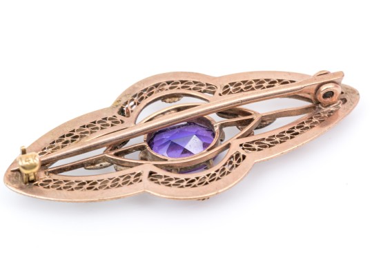 14k Yellow Gold Vintage Synthetic Purple Sapphire Filigree Scatter Pin