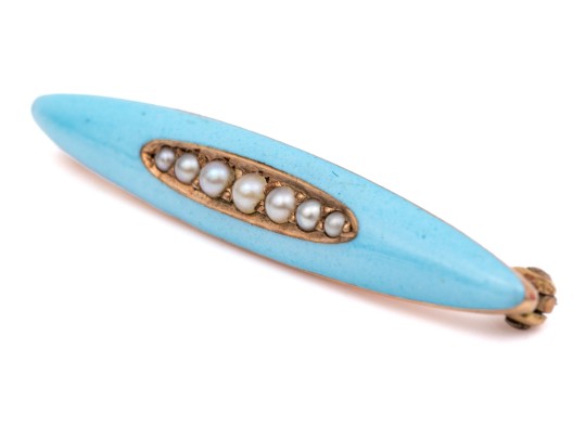 14k Yellow Gold Pretty Vintage Turquoise Blue Enamel Seed Pearl Scatter Pin