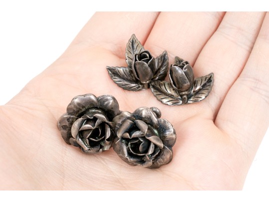 Assorted Sterling Silver Lot Of Pretty Rose Motif Jewelry Pieces