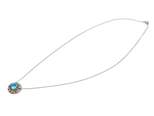 Sterling Silver Pretty Flower Motif Pendant, Blue Topaz Center, With Chain