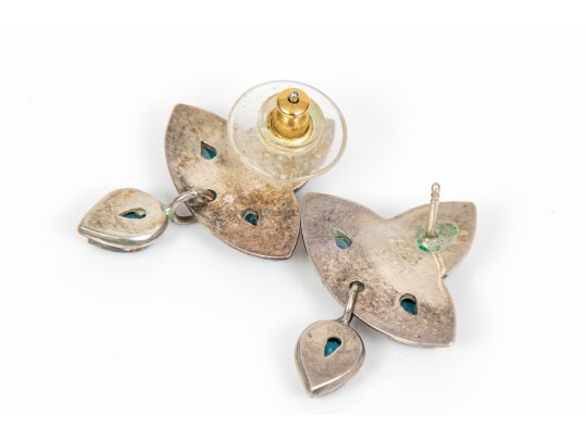 Beautiful Sterling Silver, Blue Topaz And Black Onyx Brooch/pendant And Earrings Set