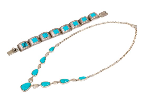 Lot Of Two Turquoise Blue Color Southwestern Style Sterling Silver Jewelry Pieces