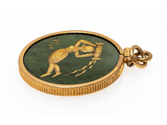 14k Yellow Gold Vintag Green Nephrite Jade Virgo Pendant