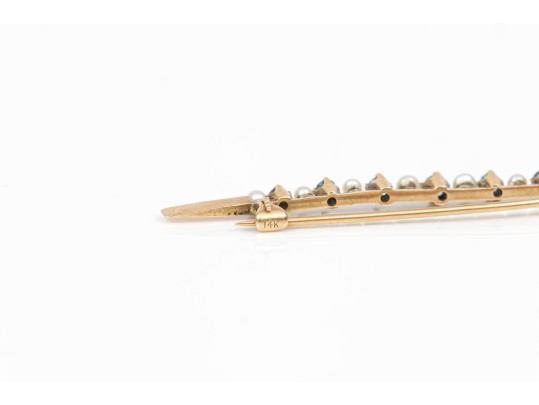 14k Yellow Gold Pretty Vintage Sapphire And Seed Pearl Bar Pin