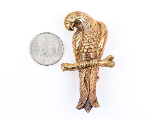 14k Yellow Gold Handsome Textured Figural Electroform Parrot Brooch