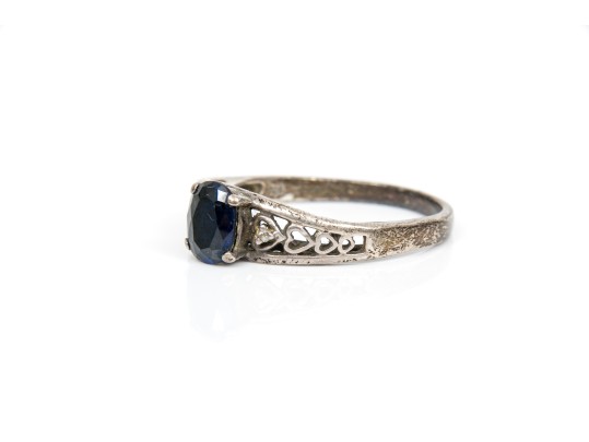 Sterling Silver Filigree Motif Sapphire Ring, Size 11