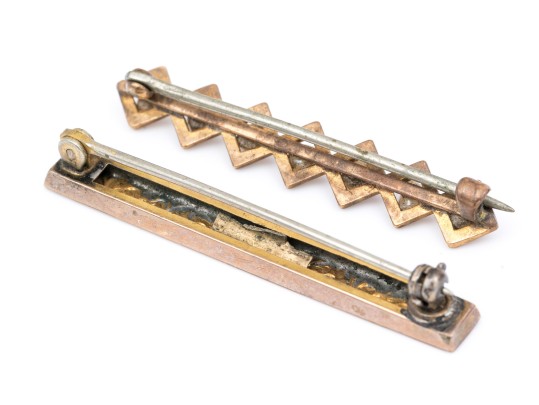 14k Yellow Gold Vintage Chased And Seed Pearl Bar Pins, Steel Pin Stems