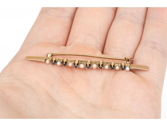 14k Yellow Gold Pretty Vintage Sapphire And Seed Pearl Bar Pin