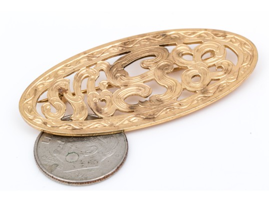 14k Yellow Gold Striking Vintage Chased MGl Monogram Brooch