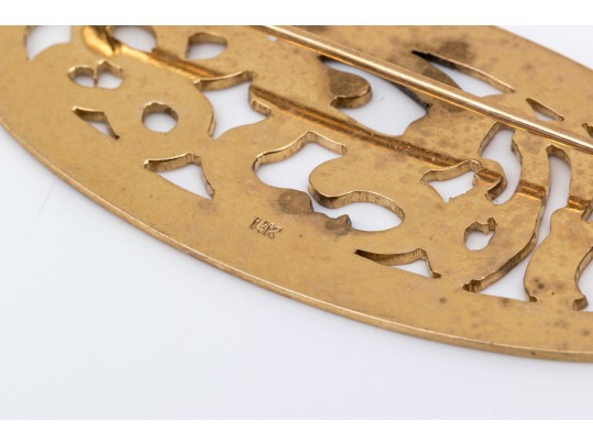 14k Yellow Gold Striking Vintage Chased MGl Monogram Brooch