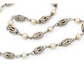 18k White Gold Handsome Alternating Filigree Bead And Seed Pearl Link Bracelet