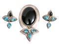 Beautiful Sterling Silver, Blue Topaz And Black Onyx Brooch/pendant And Earrings Set
