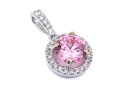 18k White Gold Pretty Pink Cz And Diamond Halo Pendant, App. 0.07 TCW