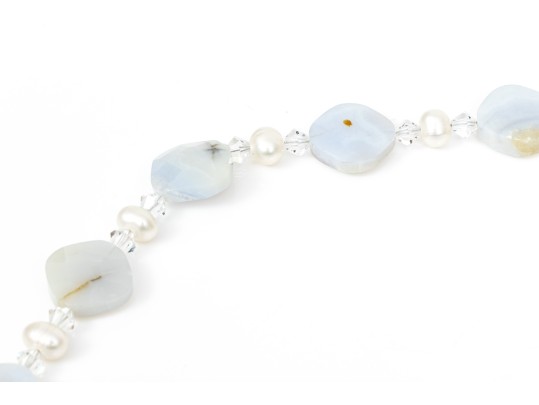 Pretty Faceted Blue Chalcedony And Cultured Freshwater Pearl Necklace And Bracelet