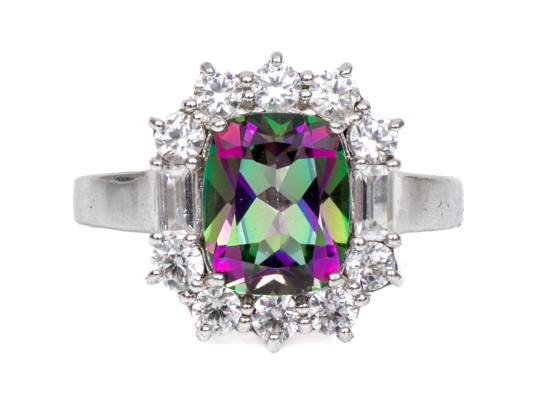 Sterling Silver Striking Emerald Cut Mystic Topaz And White Topaz Halo Ring, Size 8