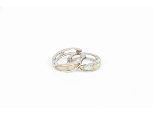 14k White Gold Pretty Small Channel Faux Opal Hinged Hoop Earrings