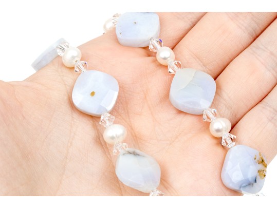 Pretty Faceted Blue Chalcedony And Cultured Freshwater Pearl Necklace And Bracelet