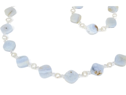 Pretty Faceted Blue Chalcedony And Cultured Freshwater Pearl Necklace And Bracelet