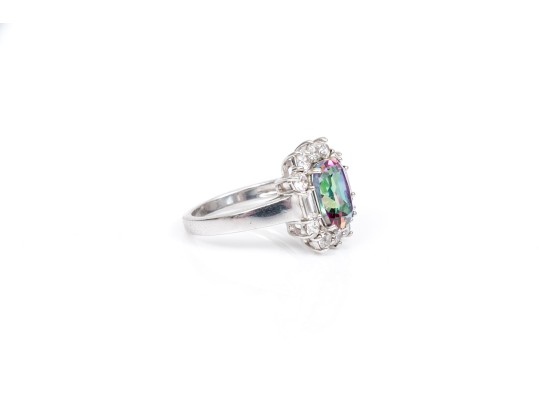 Sterling Silver Striking Emerald Cut Mystic Topaz And White Topaz Halo Ring, Size 8