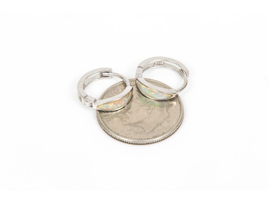 14k White Gold Pretty Small Channel Faux Opal Hinged Hoop Earrings