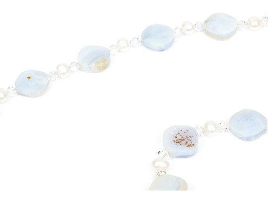 Pretty Faceted Blue Chalcedony And Cultured Freshwater Pearl Necklace And Bracelet